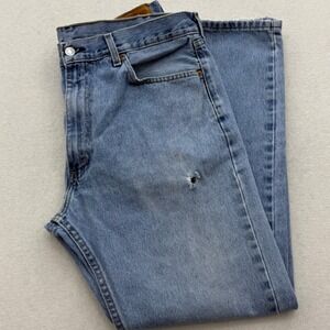 Levi's 505 Mens W38 L32 Blue Denim Jeans Distressed Hole Casual